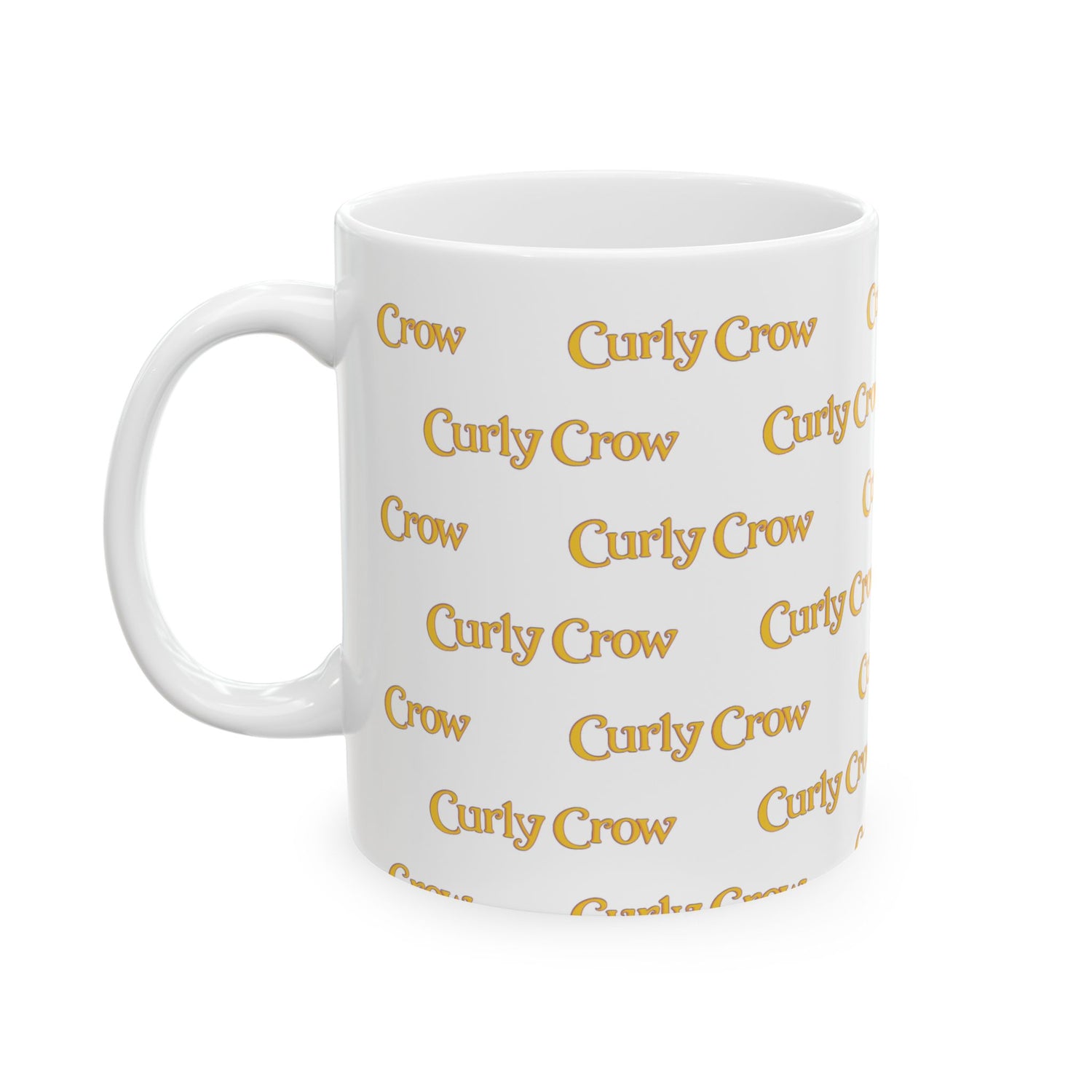 White mug with 'Curly Crow' text pattern on a white background
