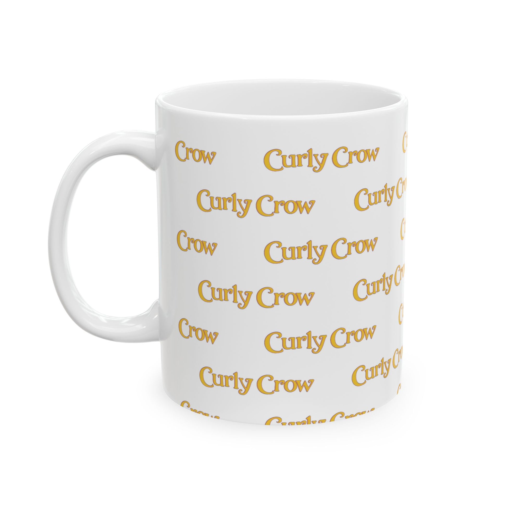 White mug with 'Curly Crow' text pattern on a white background