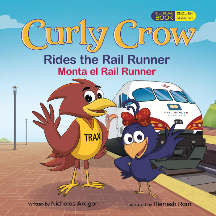 Book cover of 'Curly Crow Rides the Rail Runner' with cartoon crow characters and a train.