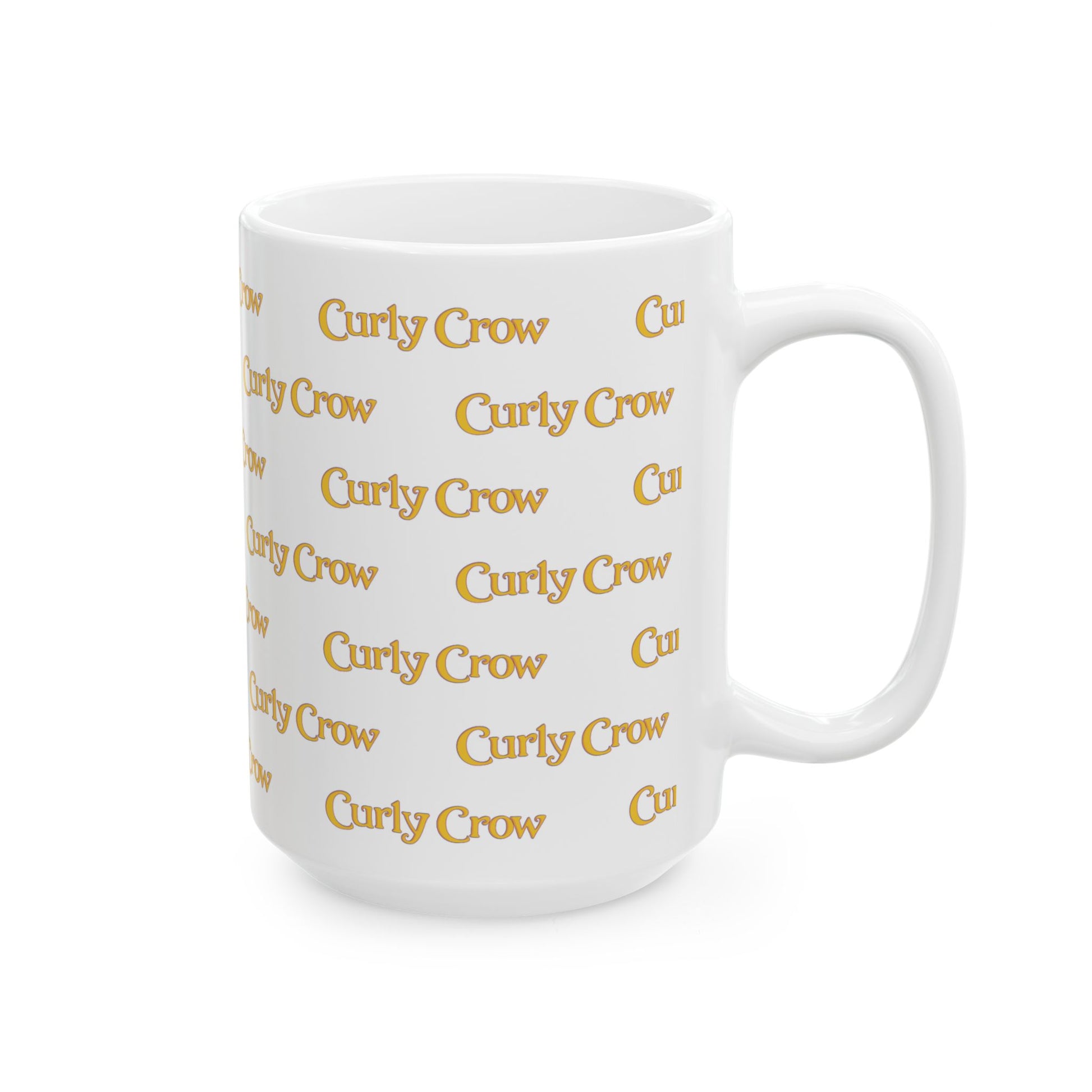 White mug with 'Curly Crow' printed repeatedly in gold on a white background