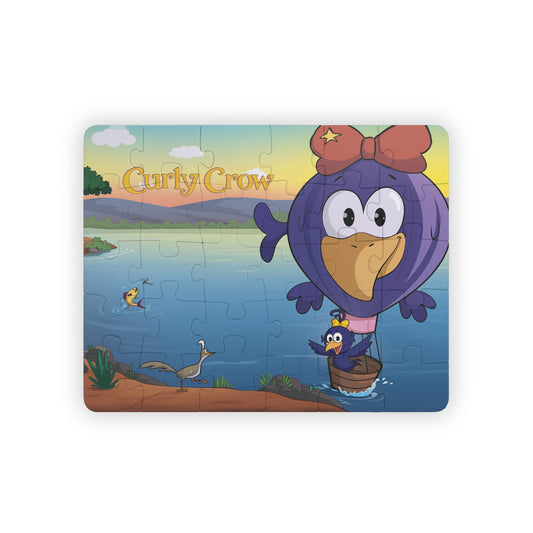 Completed puzzle showing Curly Crow in a colorful hot air balloon drifting over scenic landscapes.