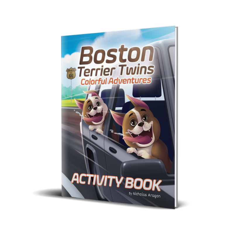 Activity book titled 'Boston Terrier Twins Colorful Adventures' with cartoon dogs on the cover.