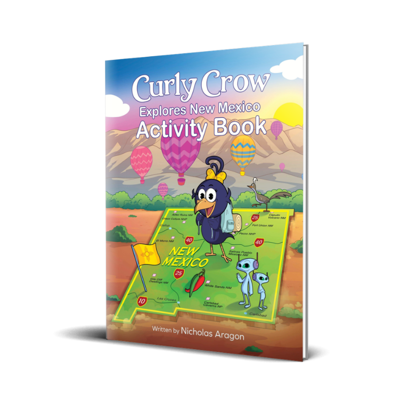 Activity book titled 'Curly Crow Explores New Mexico' on a white background