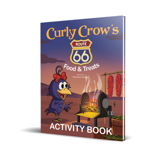 Activity book cover featuring a cartoon crow and Route 66 design on a white background