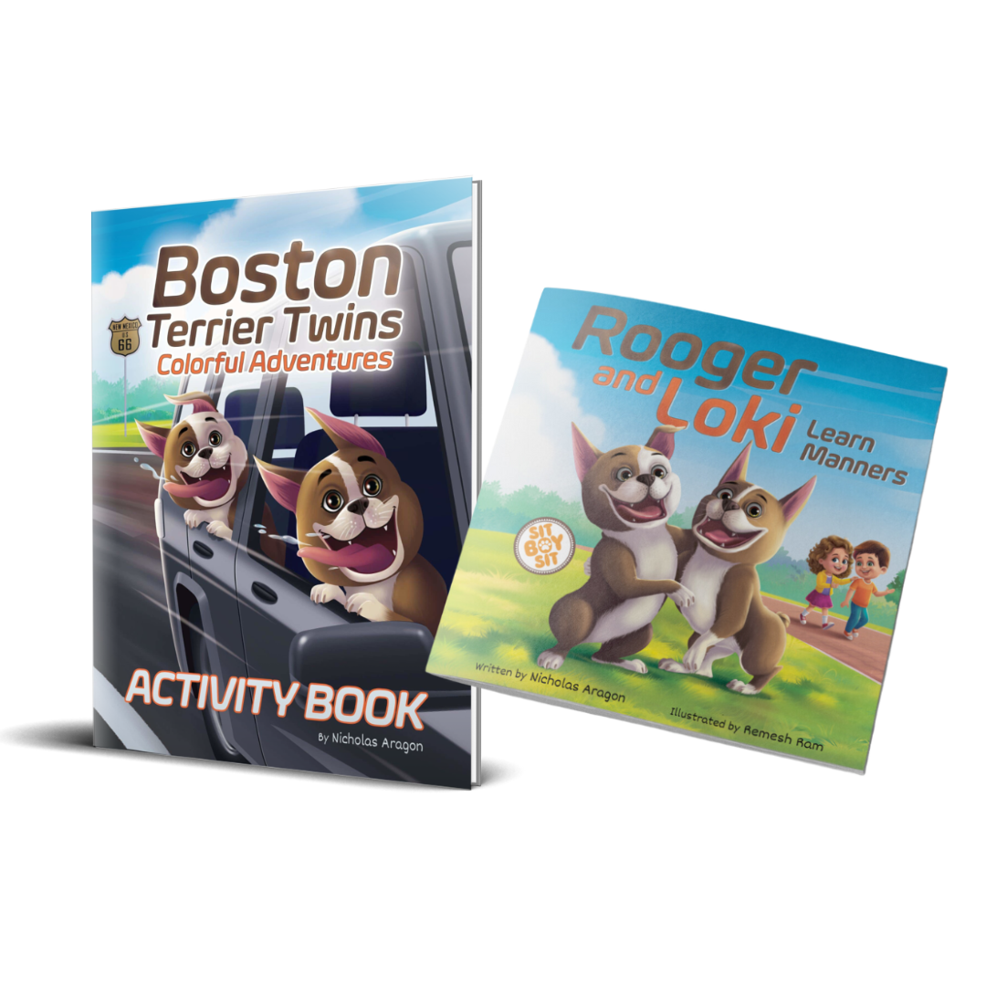 Two-book Rooger & Loki bundle with colorful storybook and activity book for kids featuring playful Boston Terrier twins