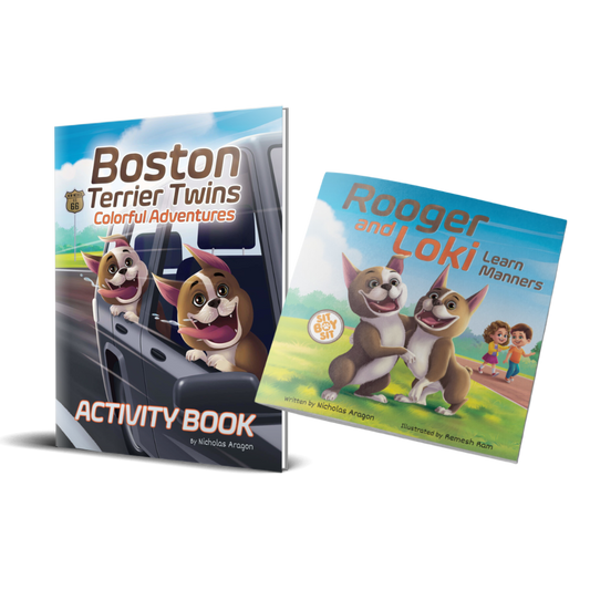 Two-book Rooger & Loki bundle with colorful storybook and activity book for kids featuring playful Boston Terrier twins