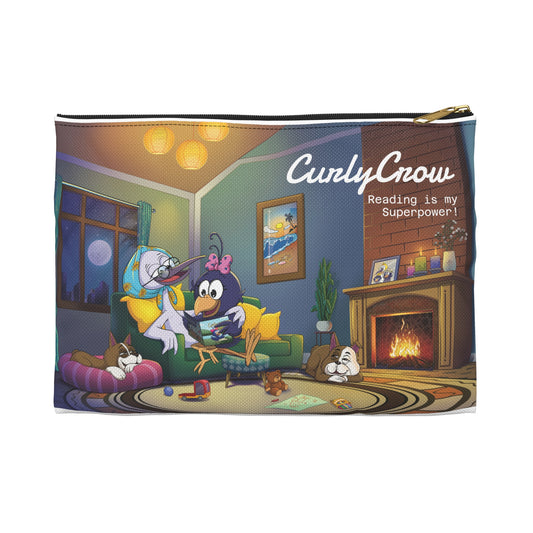 Pouch with cartoon design of two birds reading a book in a cozy room, featuring the brand 'Curly Crow'.