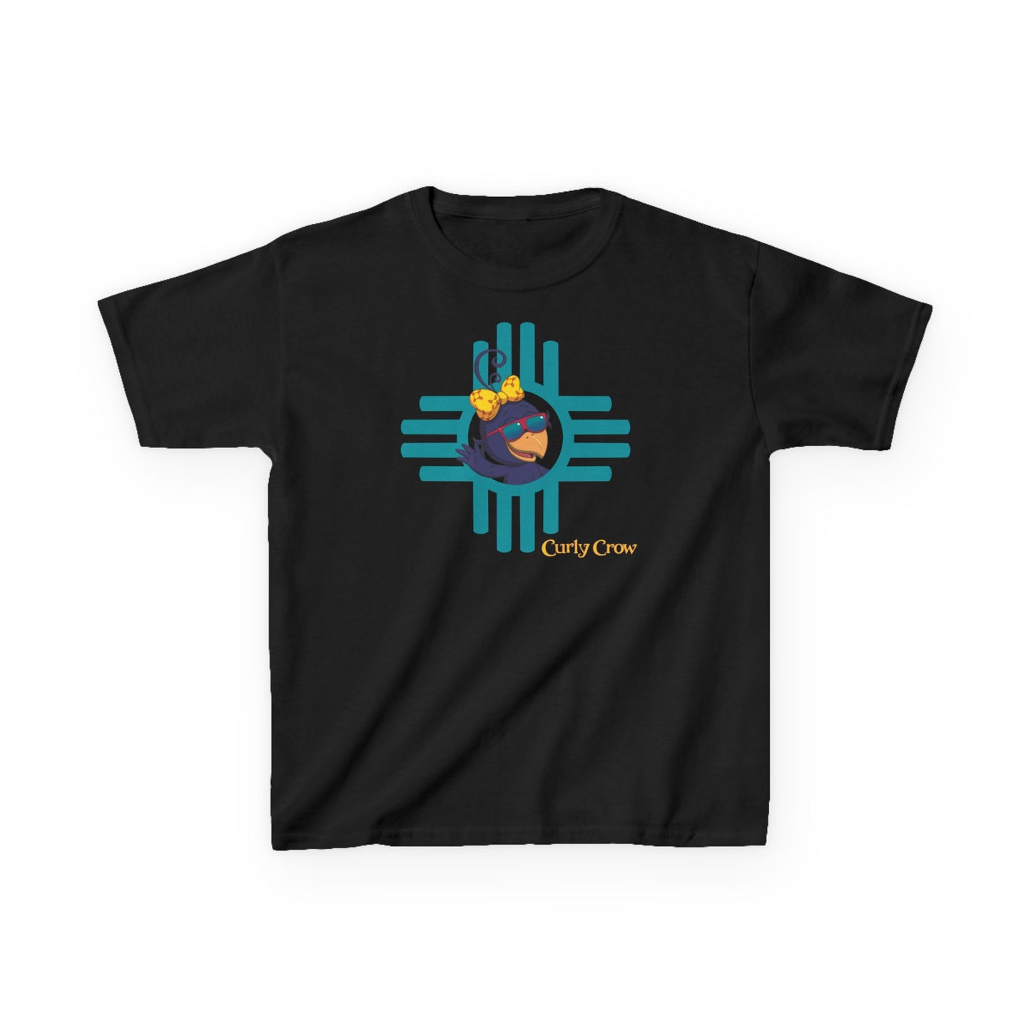 Black t-shirt with a colorful Curly Crow New Mexico Zia graphic design on a white background