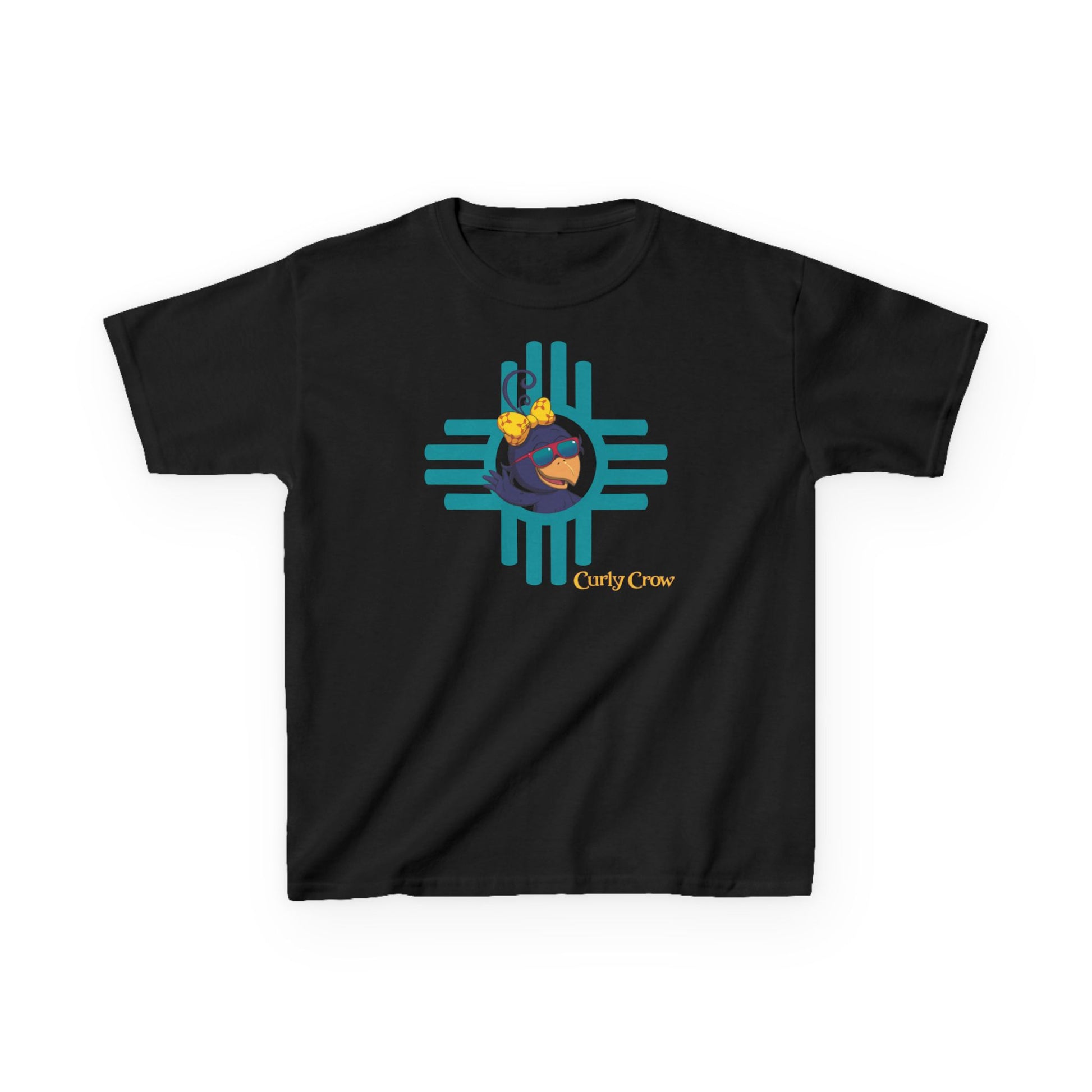 Black t-shirt with a colorful Curly Crow New Mexico Zia graphic design on a white background
