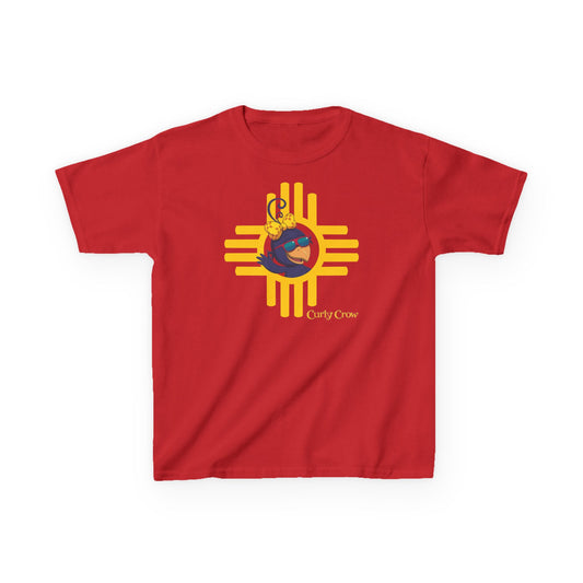 A red t-shirt with a yellow Zia symbol and Curly Crow wave design.