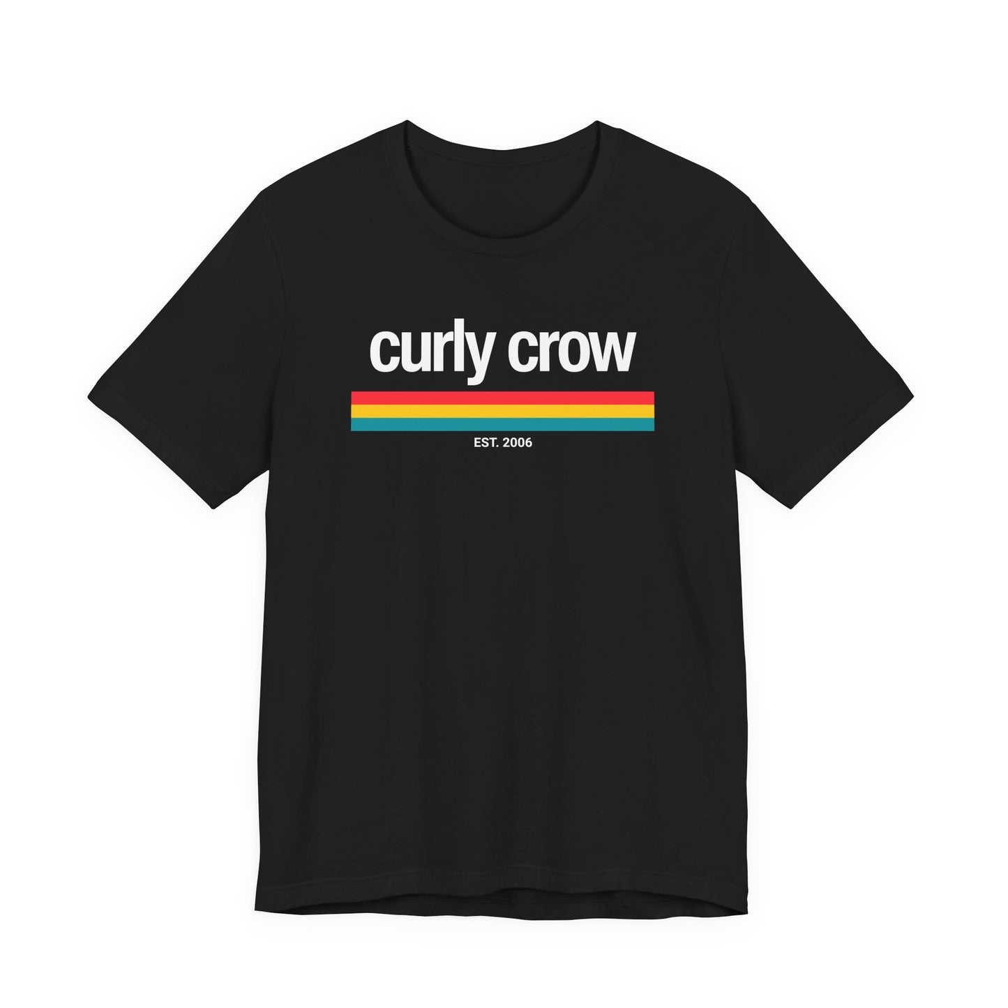 Black t-shirt with 'Curly Crow' text on a white background