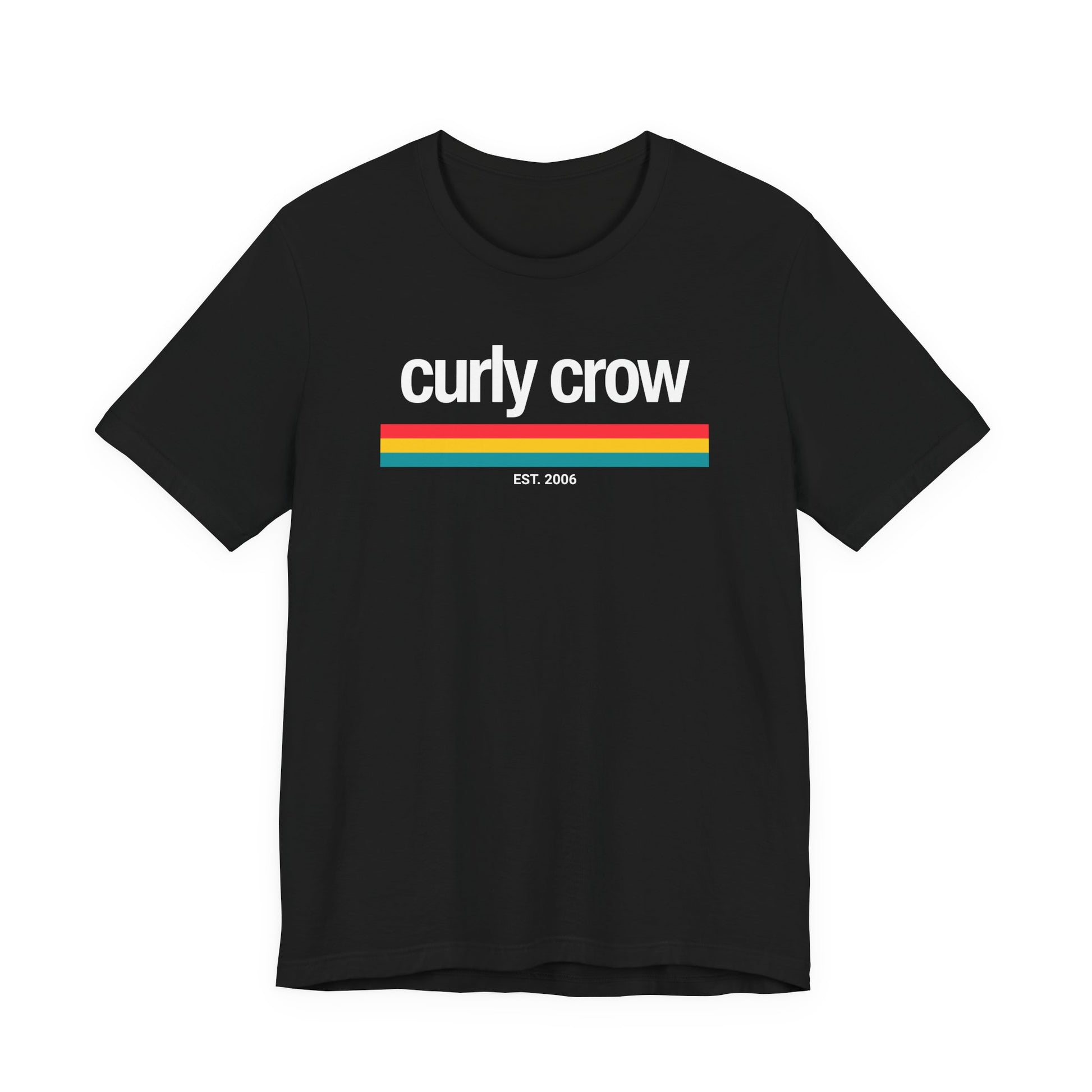 Black t-shirt with 'Curly Crow' text on a white background