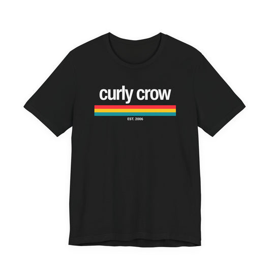 Black t-shirt with 'Curly Crow' text on a white background