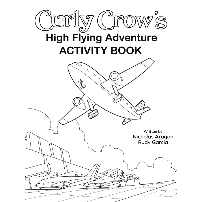 Curly Crow's High Flying Adventure Activity Book Cover page black and white with an Airplane flying over the ABQ Sunport