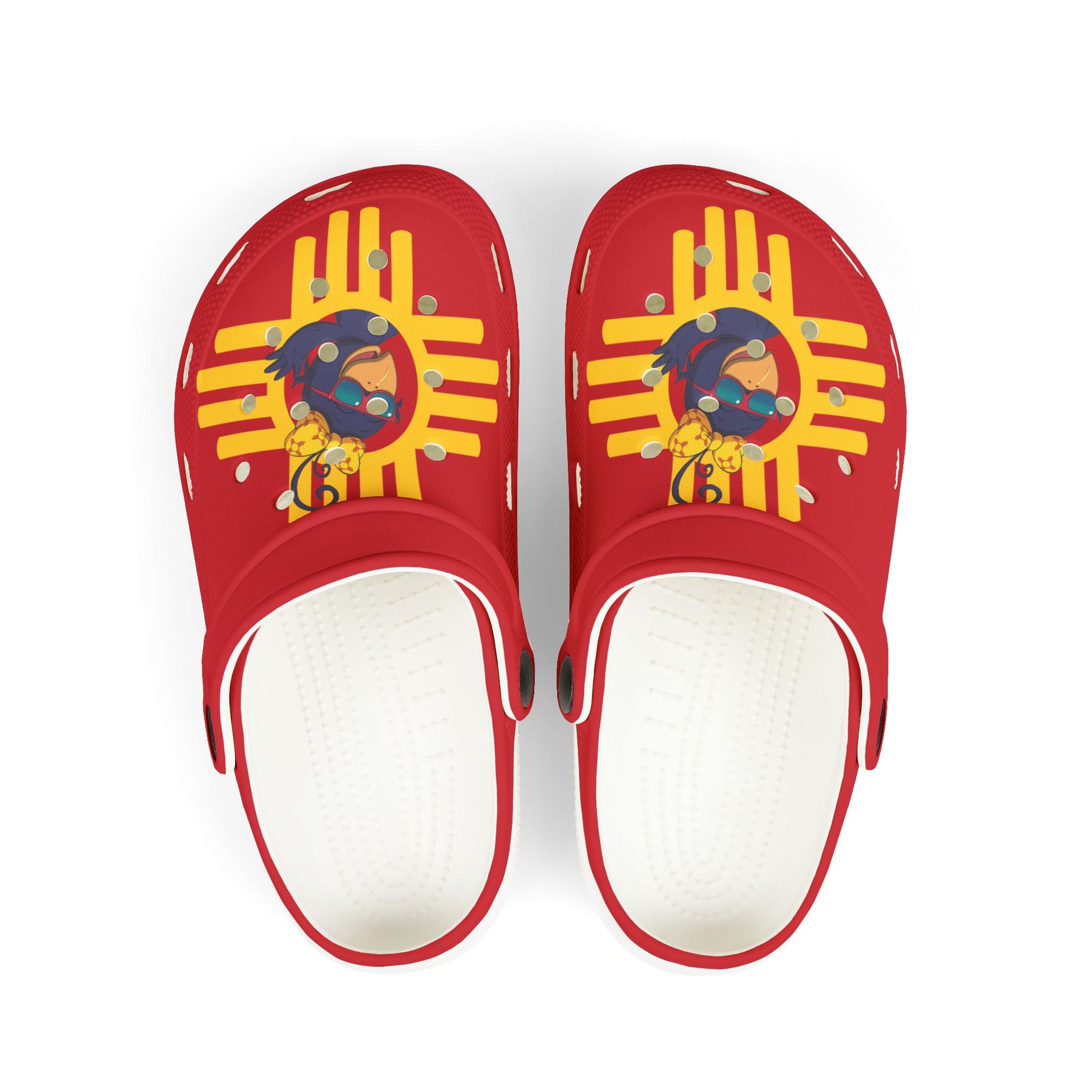 Red clogs with a colorful design on a white background