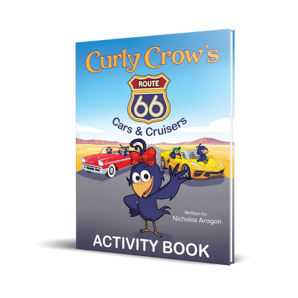 Activity book cover titled 'Curly Crow's Route 66 Cars & Cruisers' with a cartoon crow and cars on a desert road.