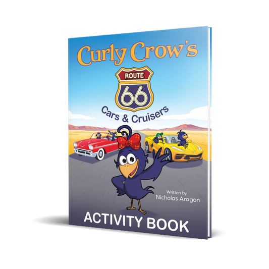 Activity book cover titled 'Curly Crow's Route 66 Cars & Cruisers' with a cartoon crow and cars on a desert road.