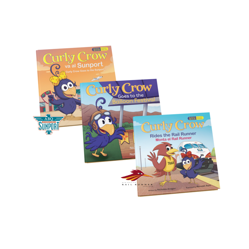 Three children's books about travel in New Mexico featuring 'Curly Crow' 