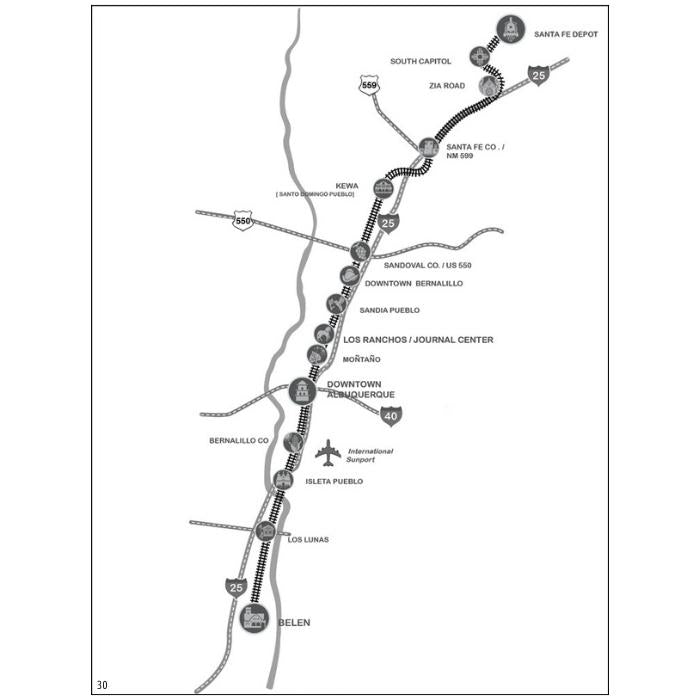 Map of the NM Rail Runner rail road network with labeled intersections and directions.