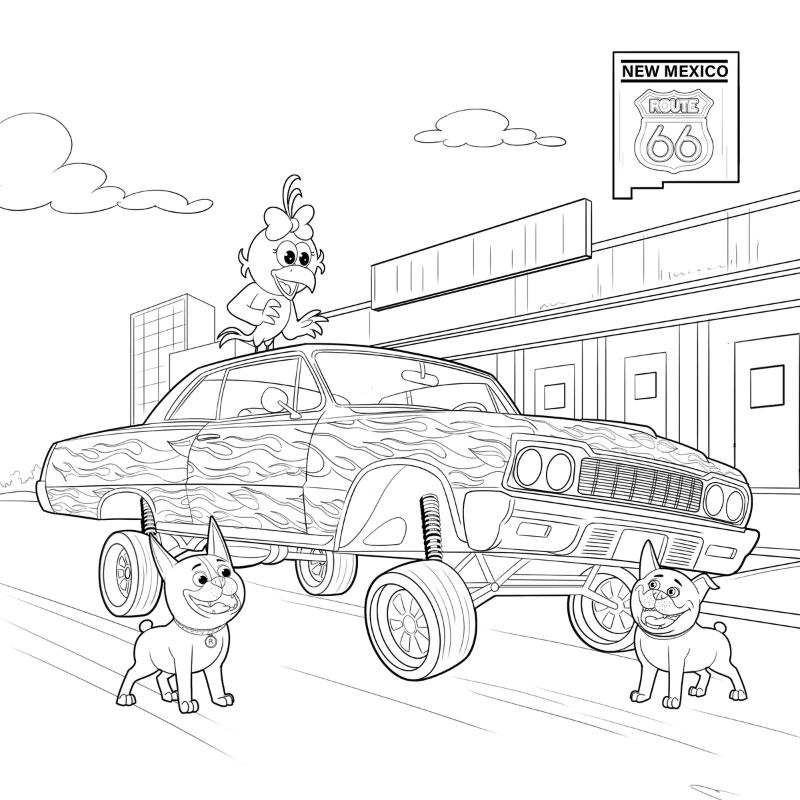 Cartoon lowrider car with Curly Crow characters on a street scene, featuring a New Mexico Route 66 sign.