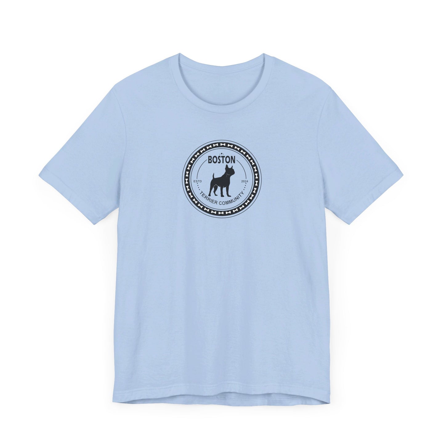 Curly Crow Boston Terrier graphic on a blue shirt featuring a playful Boston Terrier