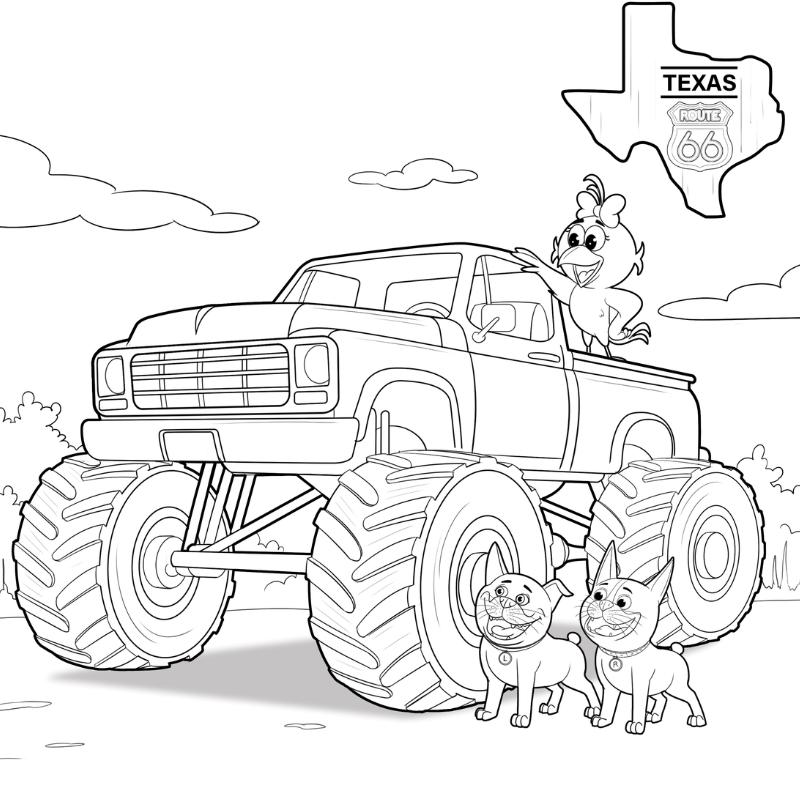 Coloring page with a monster truck, cartoon characters, and Texas outline.