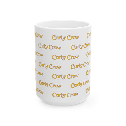 White mug with 'Curly Crow' printed repeatedly in gold on a white background