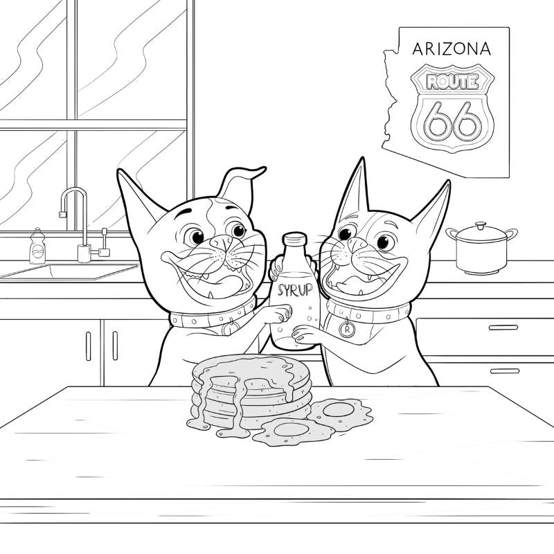 Two cartoon dogs, Rooger and Loki, in a kitchen with pancakes and syrup, coloring book page.