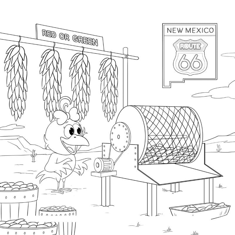 Coloring page with a green chile roaster and New Mexico Route 66 sign.
