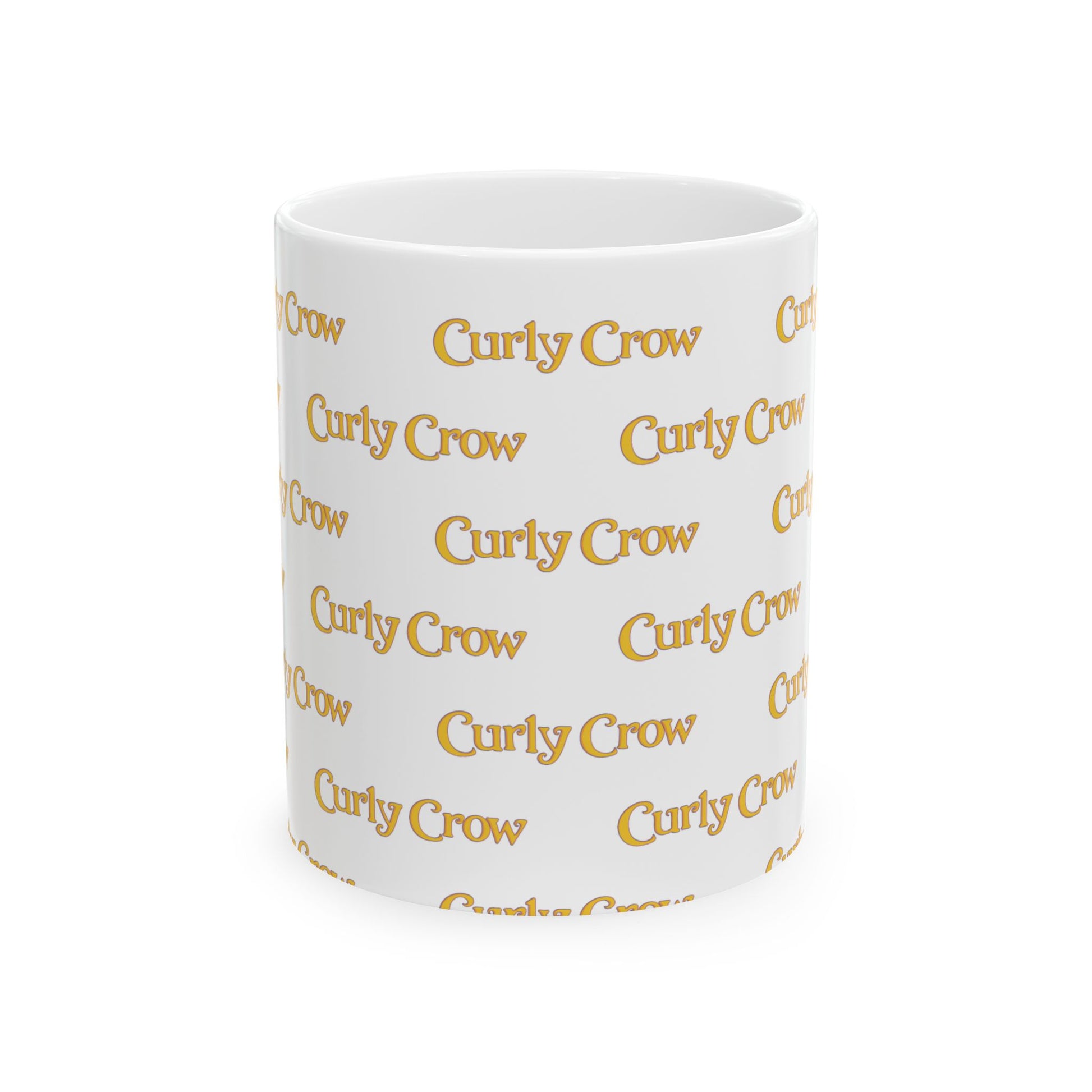 White mug with 'Curly Crow' printed repeatedly in gold on a white background