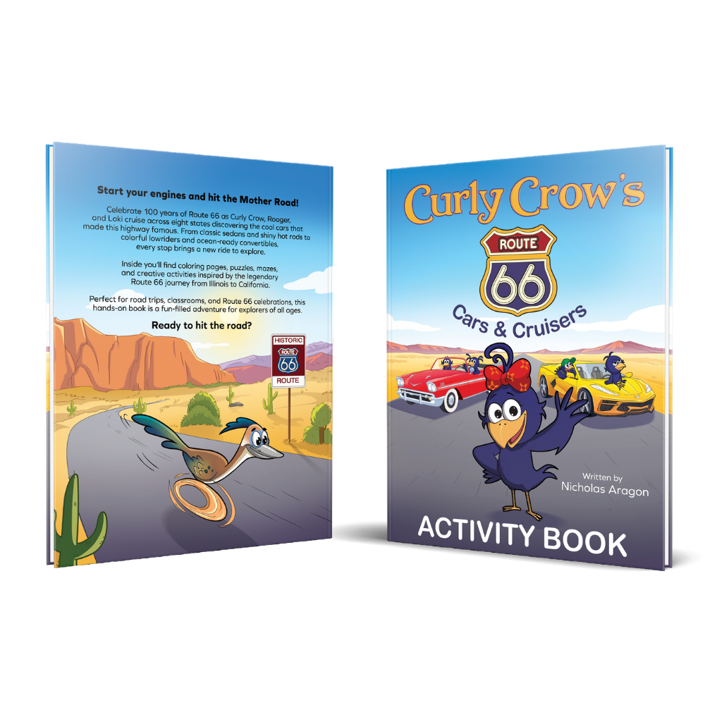 Curly Crow's Route 66 Activity Book with colorful cover and back view showing text.