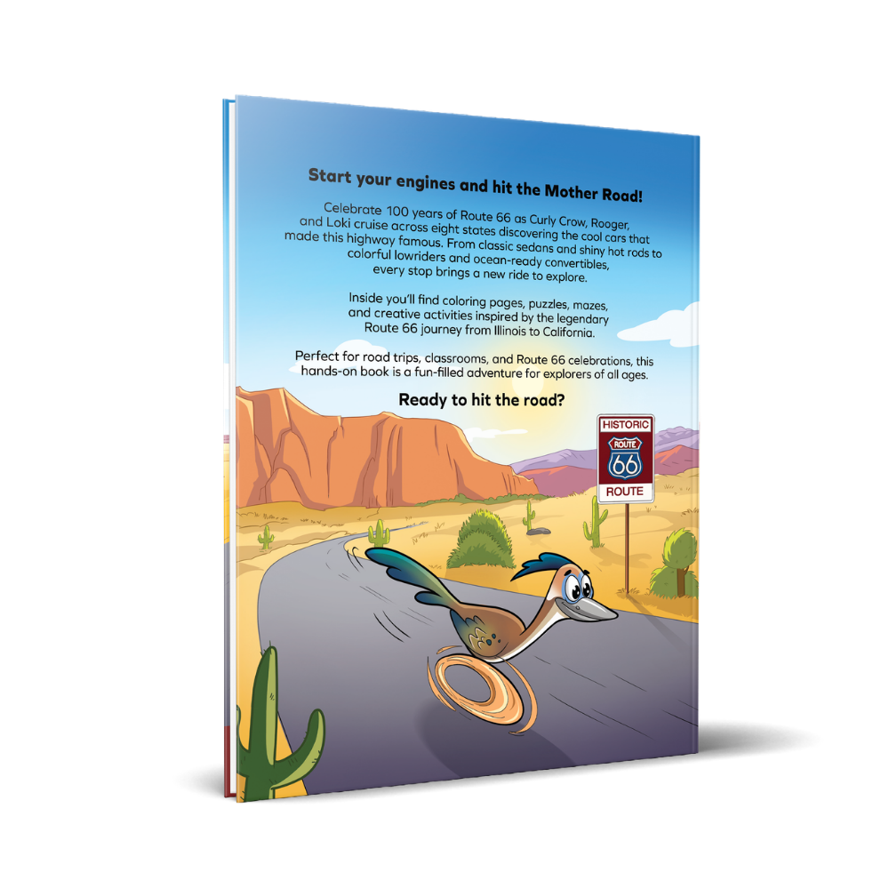 Book cover with cartoon road runner and desert scene, promoting Route 66 celebration.