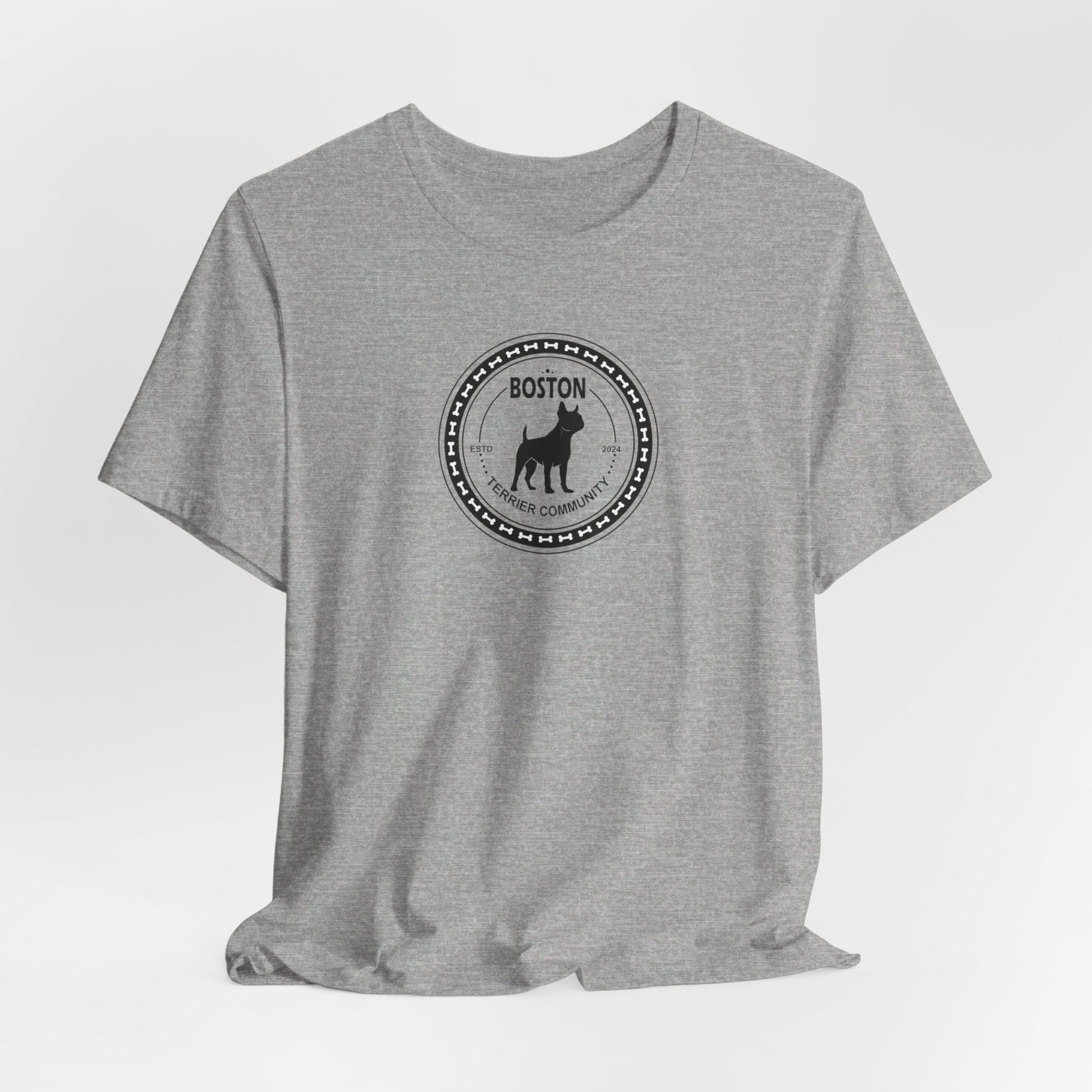 Curly Crow Boston Terrier graphic on a grey shirt featuring a playful Boston Terrier