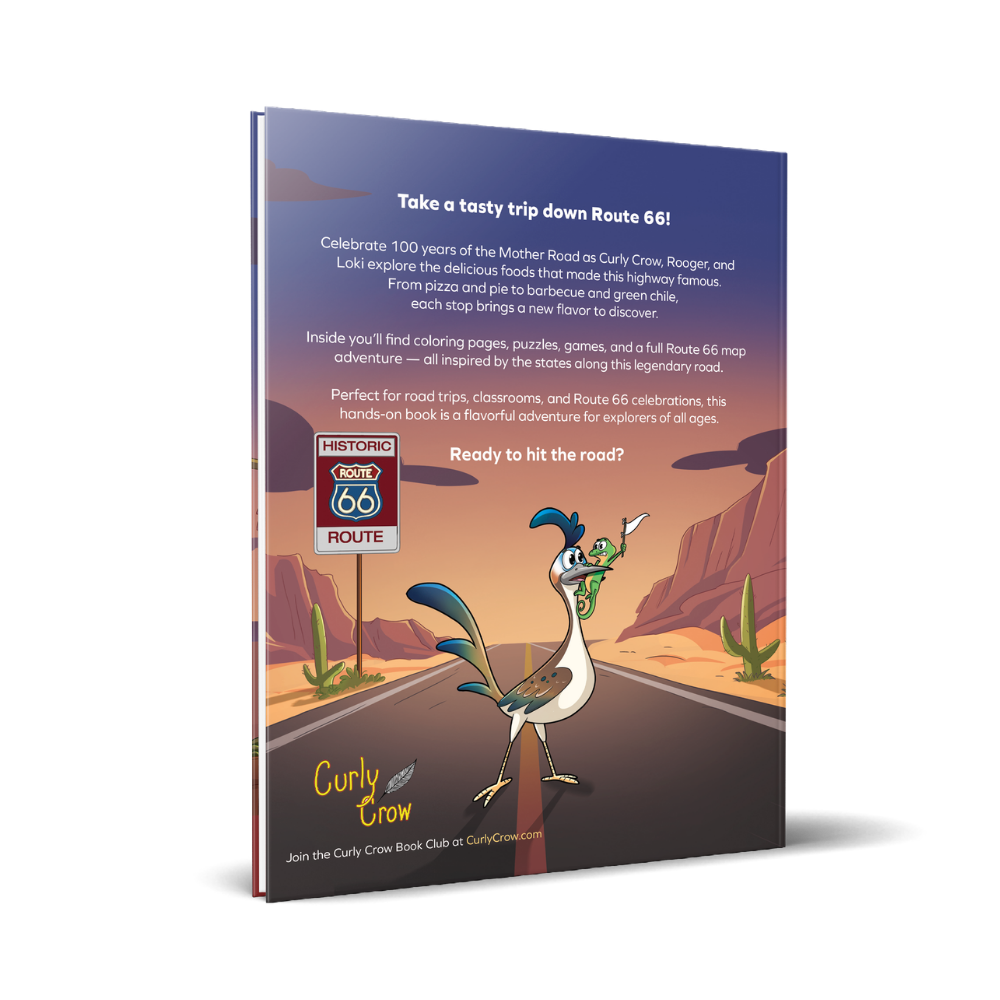 Route 66 themed food coloring book with roadrunner and lizard on the back cover