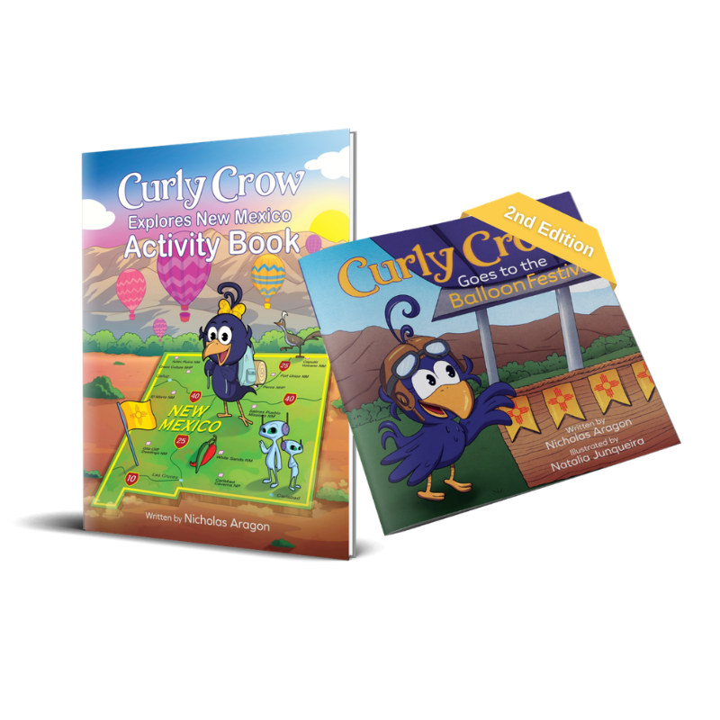 Two children's books titled 'Curly Crow Explores New Mexico' and 'Curly Crow Goes to the Balloon Fiesta' on a white background.