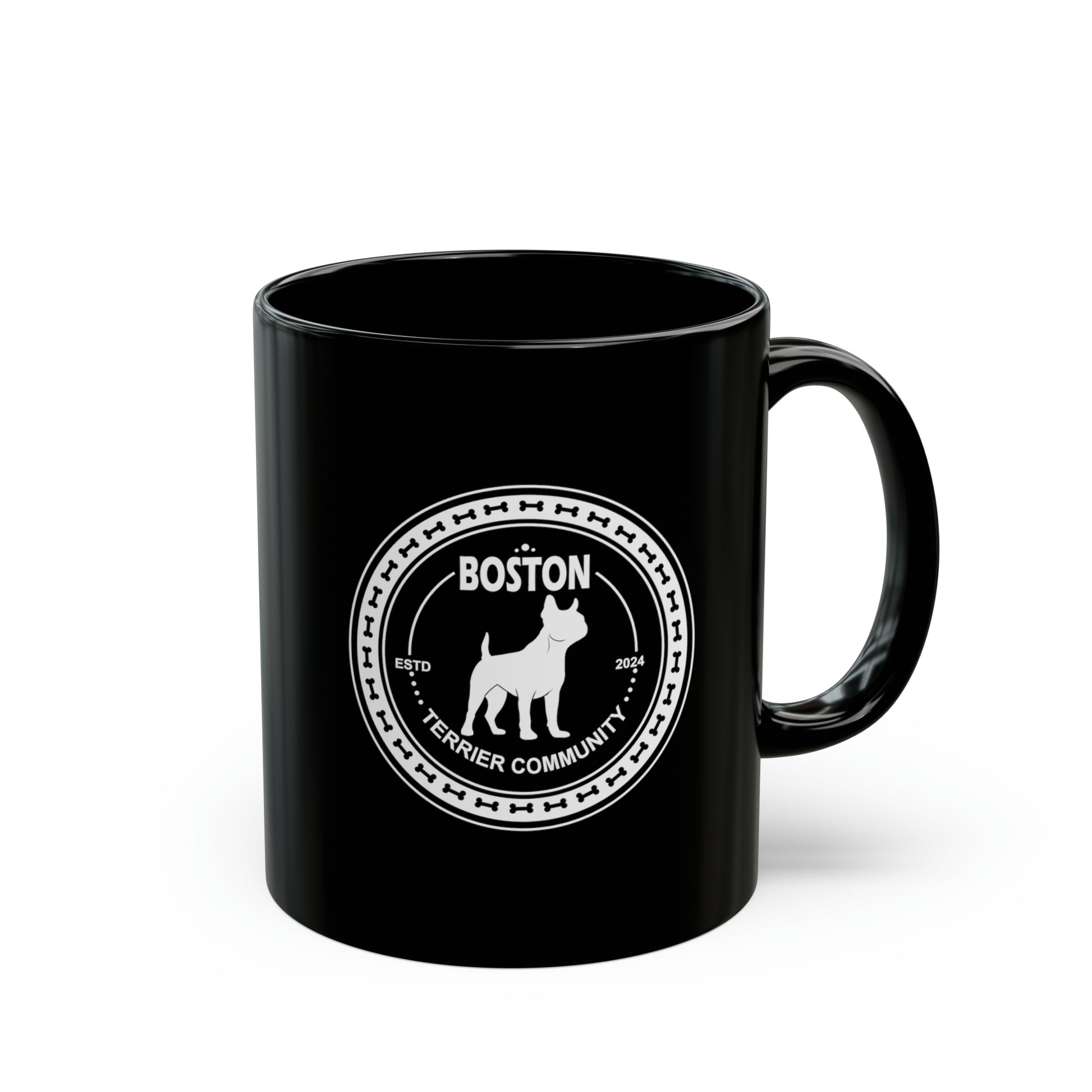 Boston Terrier mug with a cheerful design that says Terrier Community 2024