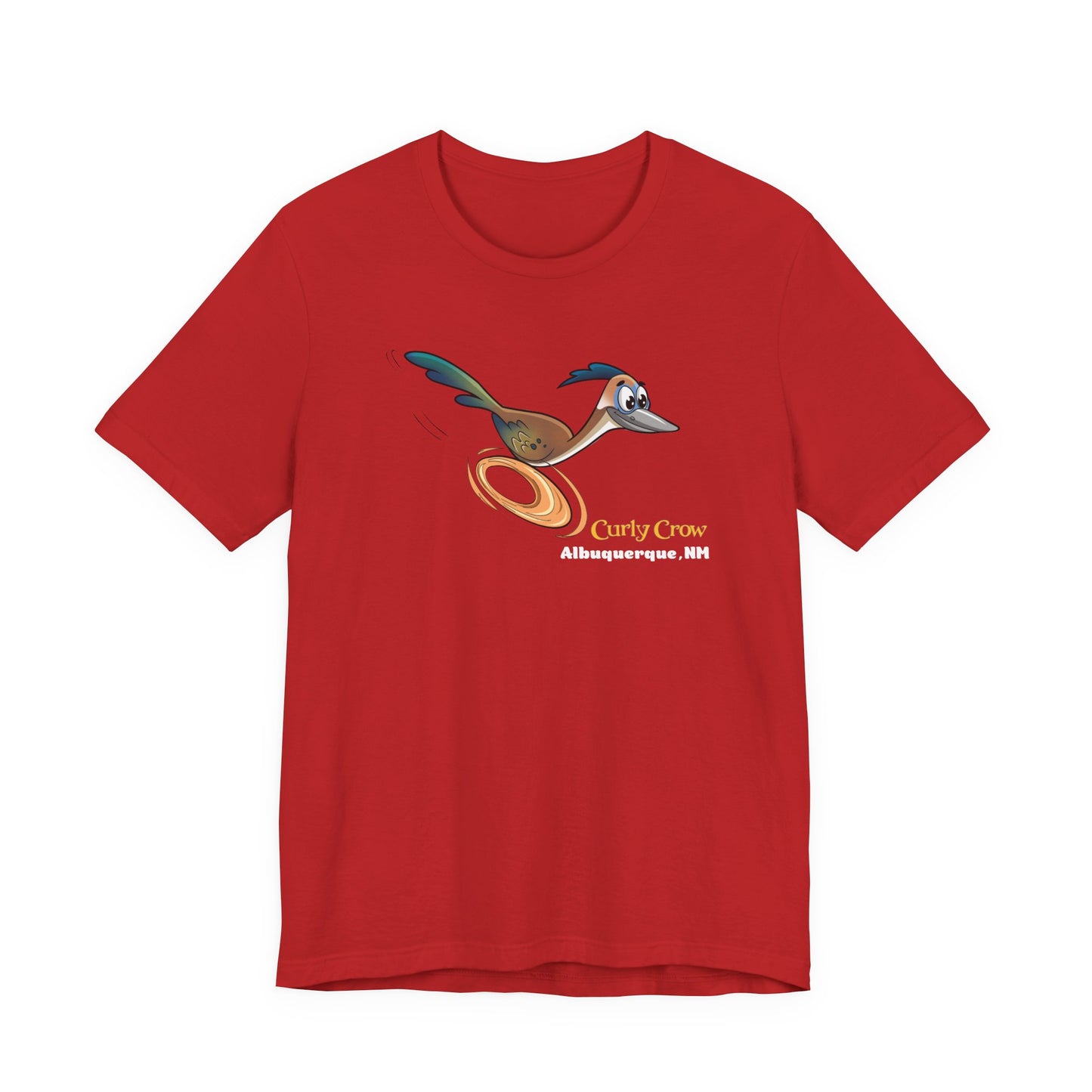 A red short-sleeve crewneck t-shirt featuring a Curly Crow cartoon graphic of the New Mexican roadrunner.