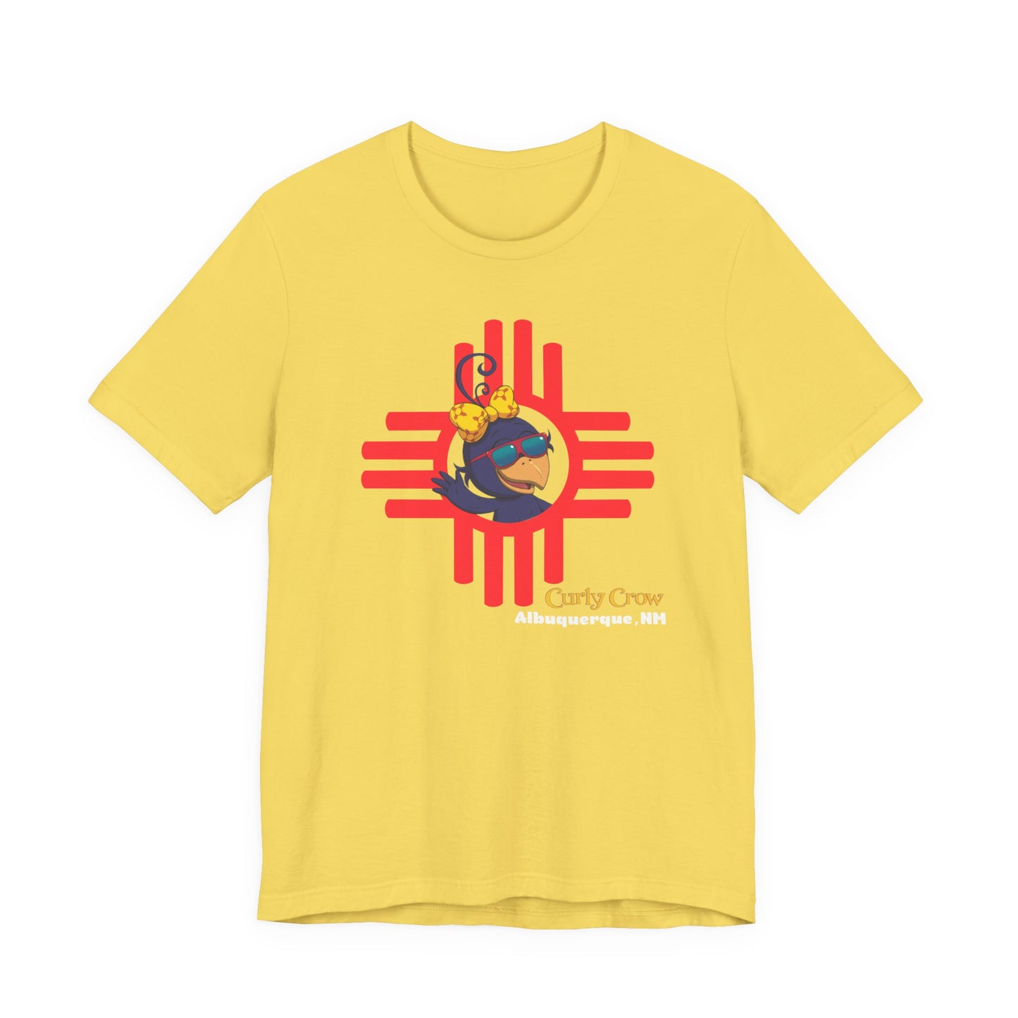 Yellow t-shirt with a red and blue graphic design on a white background