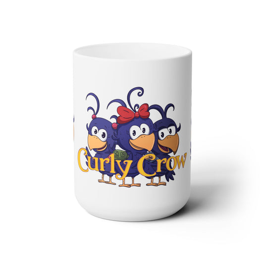 White mug with cartoon crows and 'Curly Crow' text on a white background