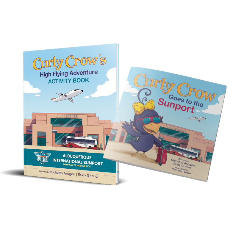 Two children's books titled 'Curly Crow's High Flying Adventure Activity Book' and 'Curly Crow Goes to the Sunport' on a white background.