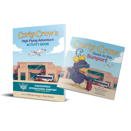 Two children's books titled 'Curly Crow's High Flying Adventure Activity Book' and 'Curly Crow Goes to the Sunport' on a white background.