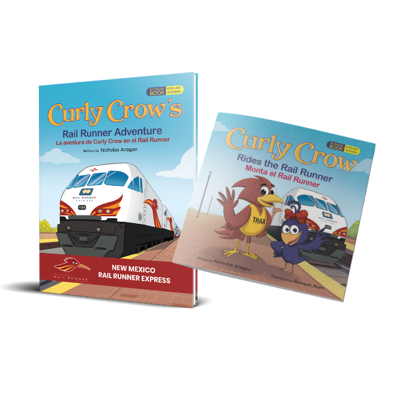 Two children's books titled 'Curly Crow's Rail Runner Adventure' and 'Curly Crow Rides the Rail Runner' on a white background.