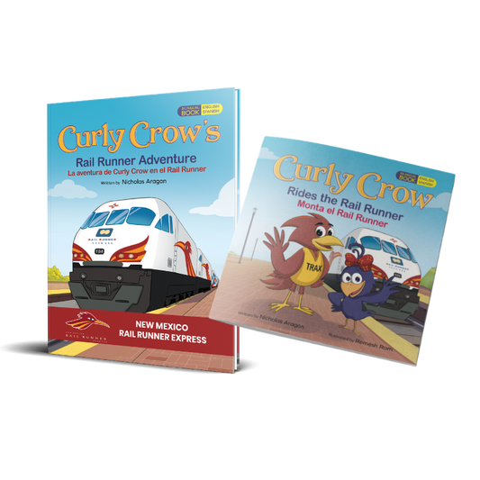 Two children's books titled 'Curly Crow's Rail Runner Adventure' and 'Curly Crow Rides the Rail Runner' on a white background.