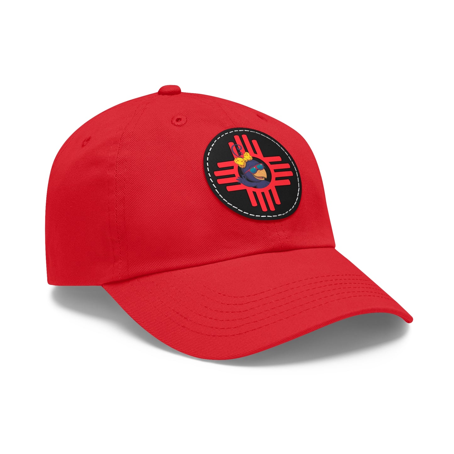 Red cap with a colorful emblem on a white background