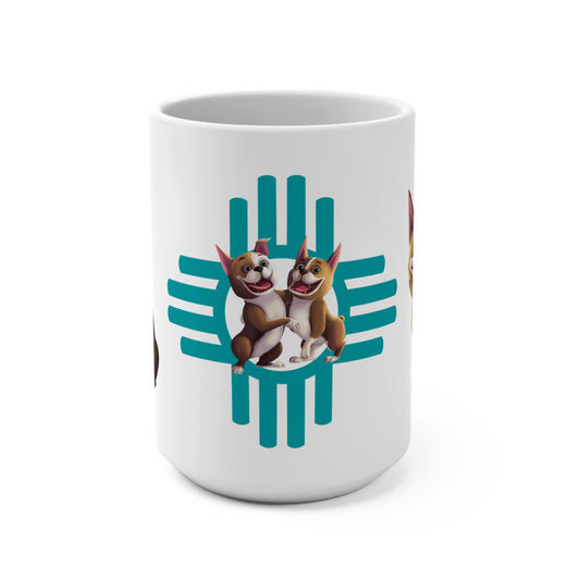 White mug with cartoon dog design and blue New Mexico Zia pattern on a white background