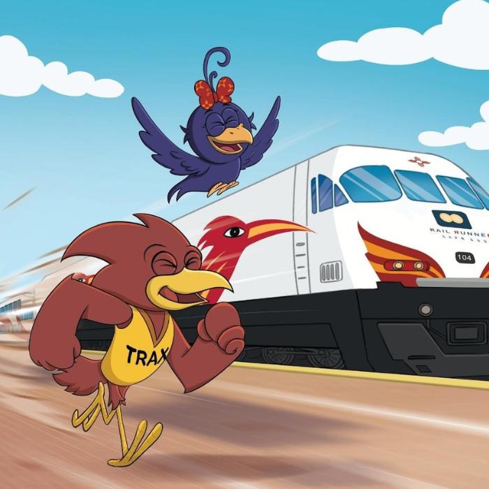 Curly Crow and Trax, Cartoon birds with a train in the background