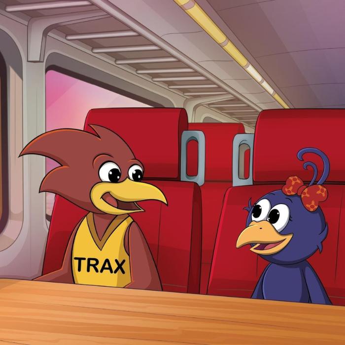 Two animated characters, one named Trax, one named Curly Crow sitting in the Rail Runner train car.