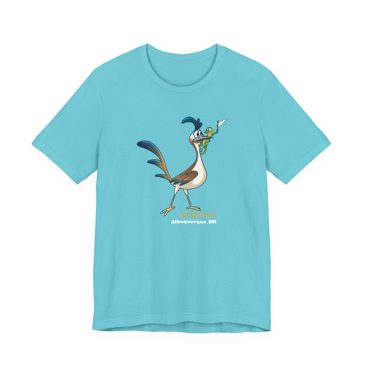 A light blue short-sleeve crewneck t-shirt featuring a cartoon graphic of the New Mexican roadrunner.