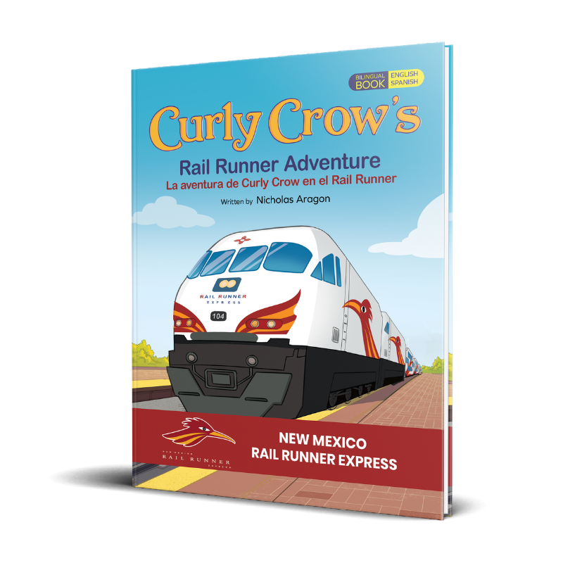Book cover of 'Curly Crow's Rail Runner Adventure' with a train illustration on a white background