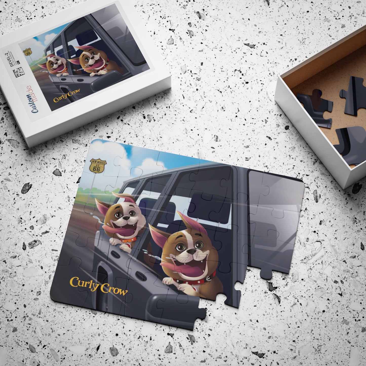 Puzzle box featuring the car ride design, including a reference photo and details about the 30-piece puzzle.